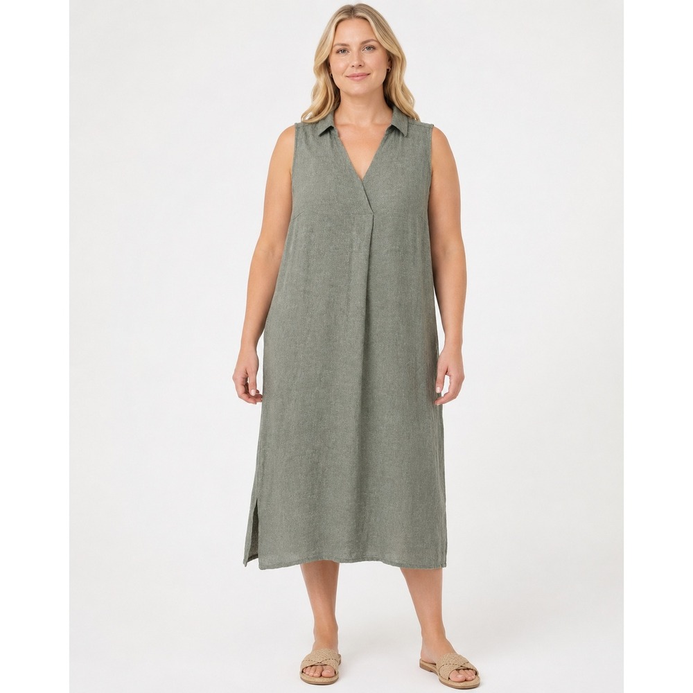Liz Claiborne Sleeveless Midi Dress Womens XL Green Linen Blend V-Neck Side Slit